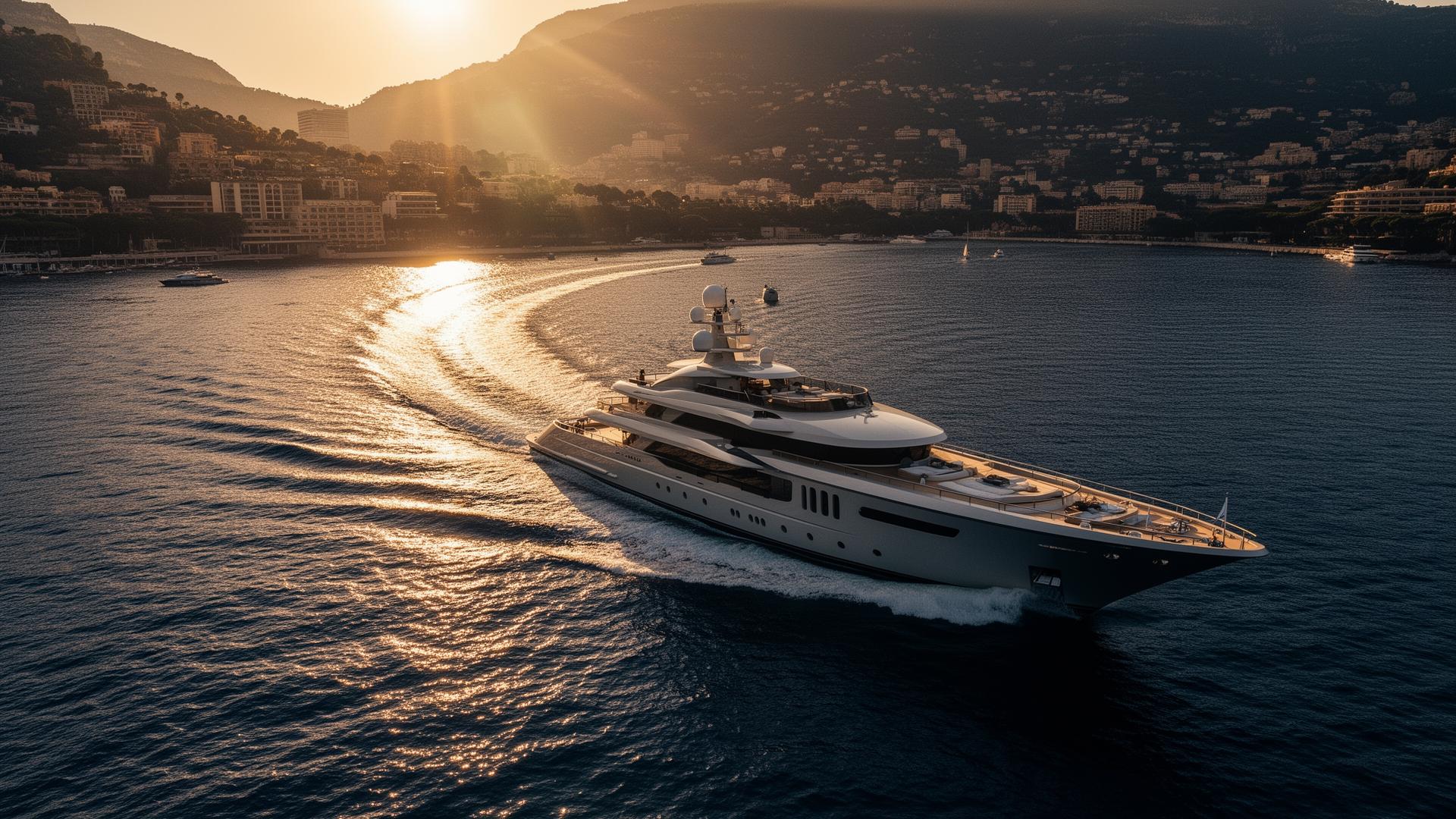 Private superyacht crossing the Mediterranean off Monaco at golden hour