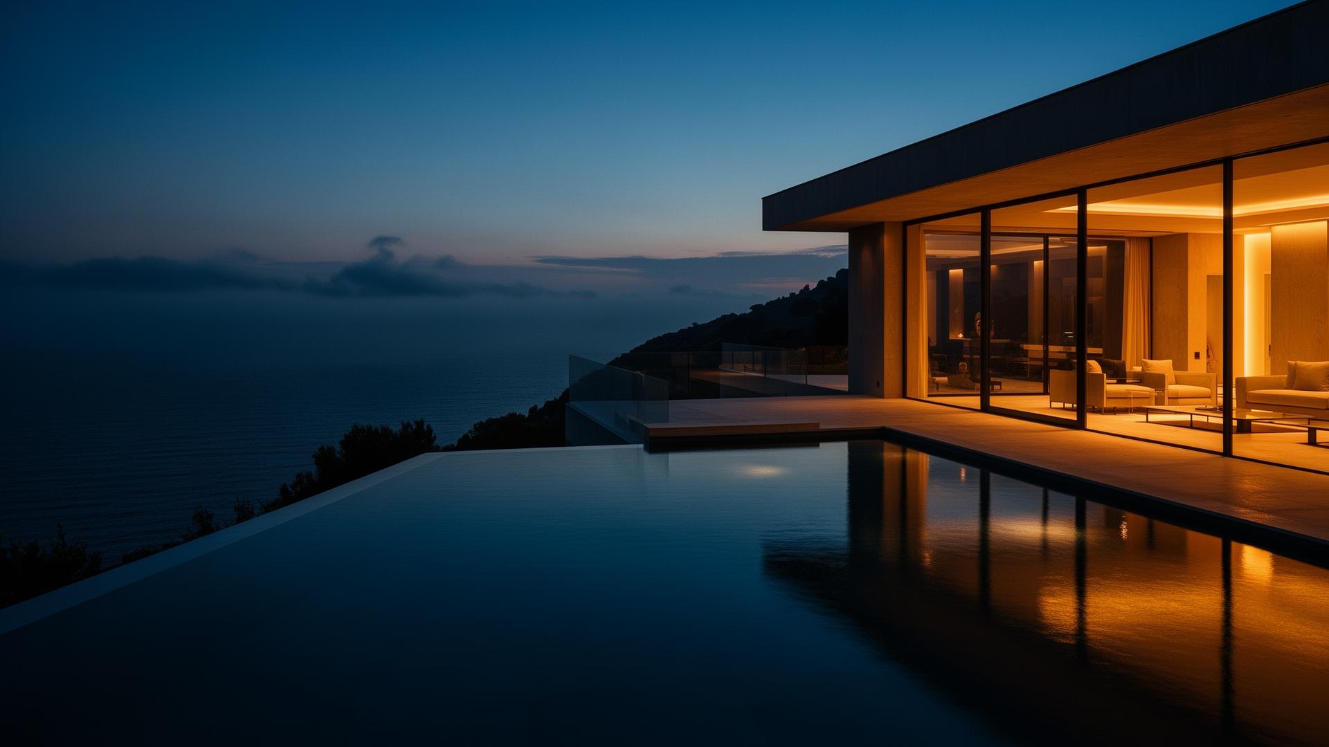 Mediterranean clifftop villa at twilight, infinity pool overlooking the sea